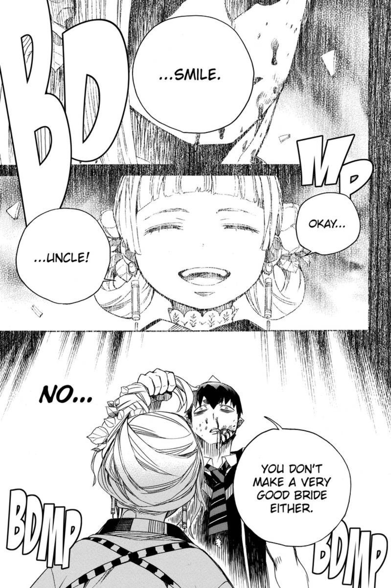 DailyBlueExo's tweet photo. "Hes not cruel or a sadist or a creep "neutral" " 

1. He exclusively referred to shiemi as BRIDE- WIFE till now
2. He tortured the poor girl
3. He was DESTROYING EARTH
4. HIS ENTIRE GOAL THIS SERIES, KIDNAP SHIEMI MAKE HER A SLAVE(puppet), AND KILL RIN OKUMURA

Be so fucking fr https://t.co/OjAc0KKL1O