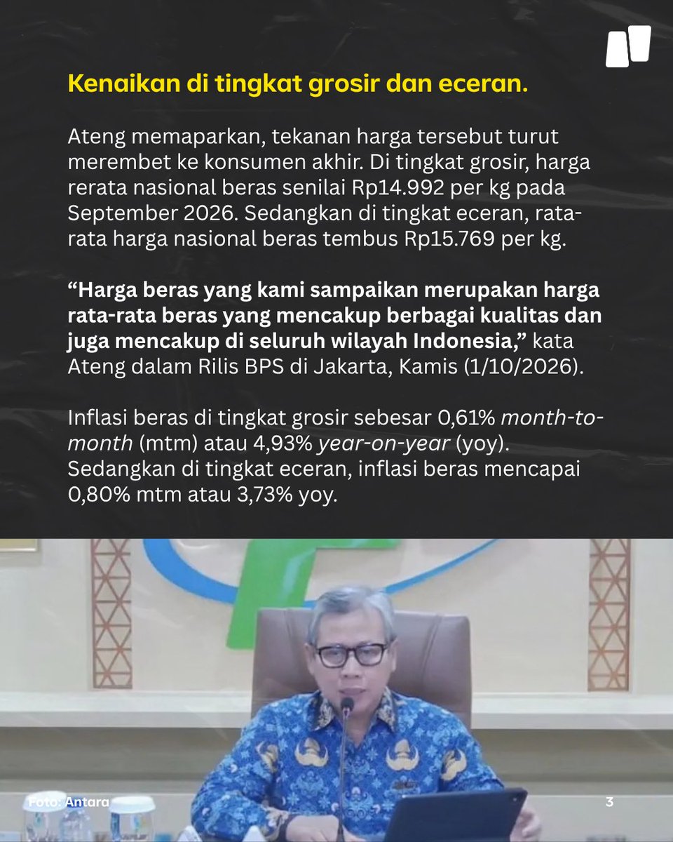 NarasiNewsroom's tweet photo. Badan Pusat Statistik (BPS) mencatat harga beras di tingkat penggilingan, grosir, dan eceran mengalami kenaikan pada September 2026 imbas fenomena El Nino.

Tidak hanya berdampak pada sektor pertanian, kenaikan suhu akibat perubahan iklim juga berimbas ke produktivitas dan pendapatan usaha mikro, kecil, dan menengah (UMKM)–seperti warung pinggir jalan hingga usaha produksi rumahan.

Simak selengkapnya di slide.

| Narasi Daily