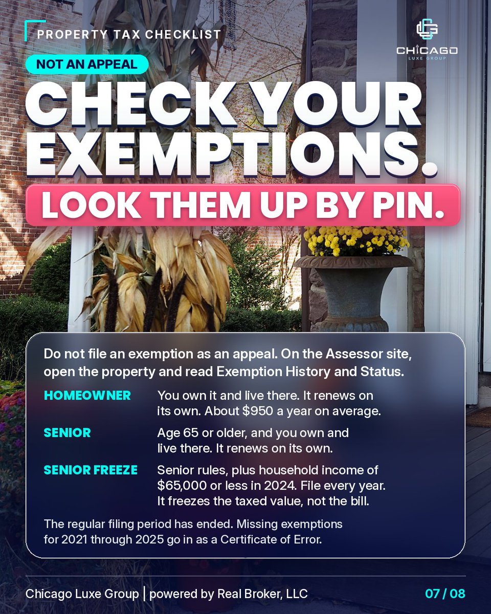 ChicagoLuxeGRP's tweet photo. Cook County tax appeal windows are open. Hyde Park closes Oct 8, 8 more by Nov 12. Free to file. Assessor first, then Board of Review. Not tax advice. Let us put you in touch with one of our property tax specialists. Call or text Mike 872-246-7666 #ChicagoLuxeGroup https://t.co/8RbPOGarg1