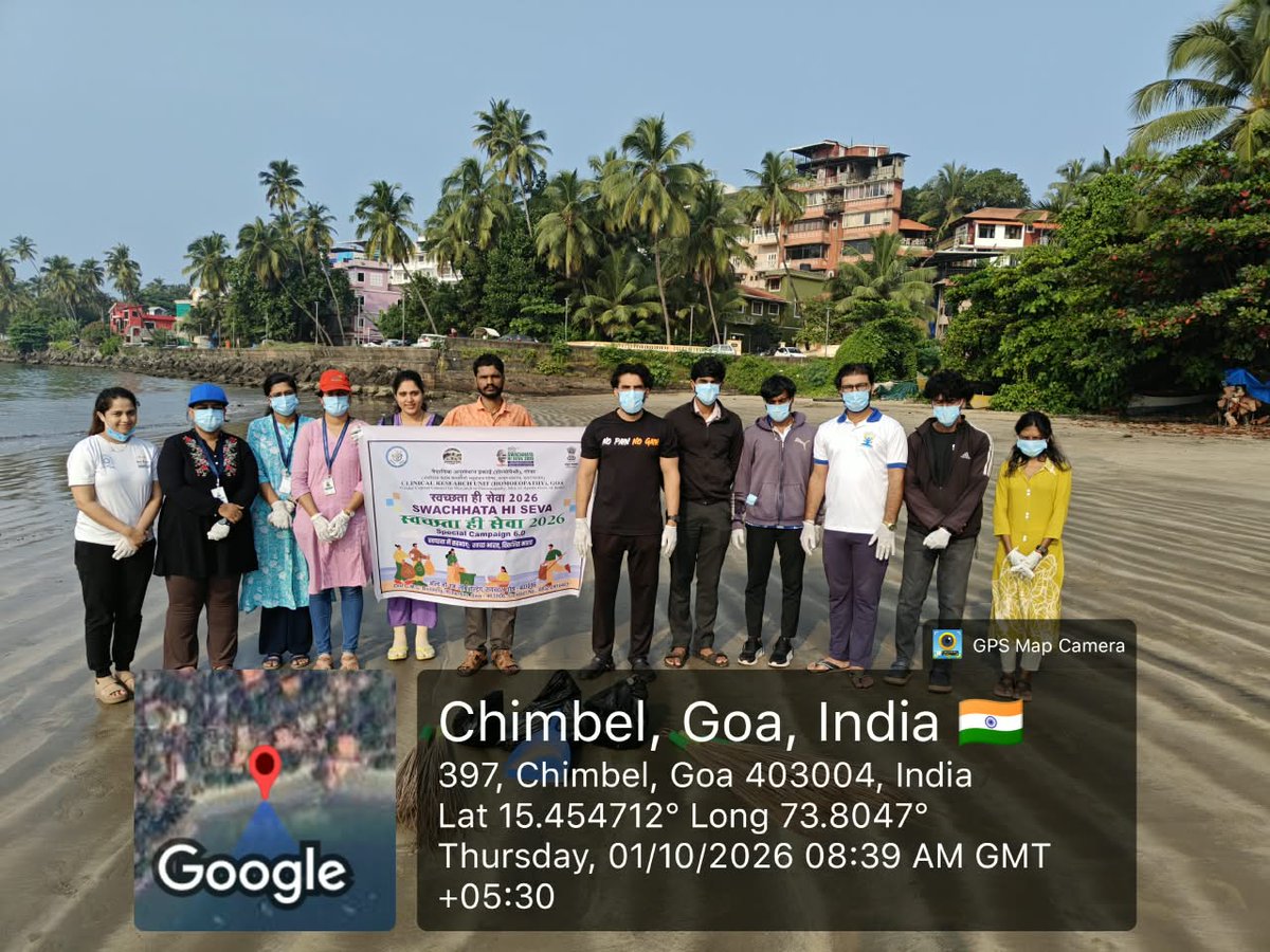 cruhgoa's tweet photo. As part of Swachhata Hi Seva (SHS) 2026 – Special Campaign 6.0, Clinical Research Unit (Homoeopathy), Goa organized a Cleanliness Drive at Dona Paula Beach, Goa, at 8:00 AM under the theme:“Ek Din, Ek Ghanta, Ek Sath: Cleanliness Drive.”
#SwachhataHiSeva2026 #SpecialCampaign6 https://t.co/BXfz7f5oeV