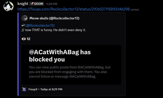 whisperhugger's tweet photo. This is a callout post on @RockCollector13 
--
𝕐𝕠𝕦 𝕕𝕠 𝕟𝕠𝕥 𝕘𝕖𝕥 𝕥𝕠 𝕔𝕒𝕝𝕝 𝕡𝕖𝕠𝕡𝕝𝕖 𝕣𝕒𝕔𝕚𝕤𝕥 𝕗𝕠𝕣 𝕖𝕟𝕗𝕠𝕣𝕔𝕚𝕟𝕘 𝕥𝕙𝕖𝕚𝕣 𝕡𝕖𝕣𝕤𝕠𝕟𝕒𝕝 𝕓𝕠𝕦𝕟𝕕𝕒𝕣𝕚𝕖𝕤.
--
"A chill cat who invalidates Personal Boundaries is not chill when they push the racism card over a block."

--
𝘽𝙡𝙤𝙘𝙠𝙞𝙣𝙜 𝙮𝙤𝙪 𝙙𝙤𝙚𝙨 𝙣𝙤𝙩 𝙚𝙦𝙪𝙖𝙩𝙚 𝙩𝙤 𝙧𝙖𝙘𝙞𝙨𝙢 𝙮𝙤𝙪 𝙞𝙣𝙨𝙚𝙣𝙨𝙞𝙩𝙞𝙫𝙚 𝙘𝙝𝙞𝙡𝙙. 
I will say this as many times as I need to.
---
- You do not get to act smug  after invalidating someone's personal space.
---

𝐑𝐞𝐬𝐩𝐞𝐜𝐭 𝐭𝐡𝐞 𝐡𝐮𝐦𝐚𝐧, 𝐨𝐫 𝐠𝐞𝐭 𝐛𝐮𝐫𝐧𝐞𝐝.