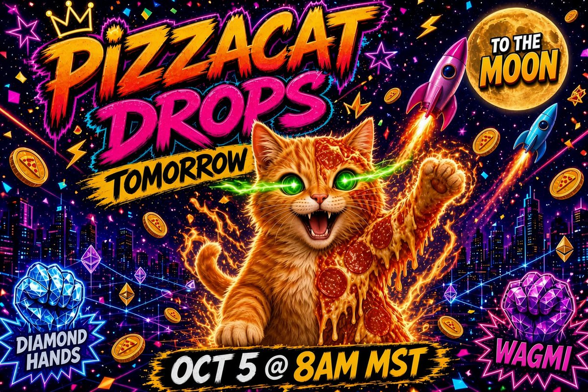 pizzacat111's tweet photo. 🚀 $PIZZACAT LAUNCHES TOMORROW 📅 October 5th @ 8AM MST 🔥 On https://t.co/r69foYIuPY | Powered by Solana ⚡🍕🐱
The oven is preheating. Liquidity is loading. The cat is about to cook on SOL.
Don’t sleep on this one. Get your bags ready.
#PizzaCat #pumpfun #Solana #Memecoin https://t.co/uOig8IPjPy