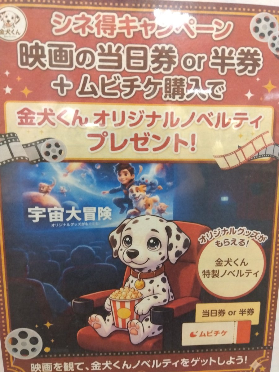 kinkenichikawa's tweet photo. こんにちは😀
コルトンプラザ３階　#金犬くん　です🐾
いつもご利用ありがとうございます😊

#シネ得　TOHOシネマズ市川コルトンプラザの映画半券、モバイルチケットのご提示でムビチケをご購入のお客様に、オリジナルノベルティを　プレゼントしています🎁 
この機会に是非ご利用下さい😊 https://t.co/rsUzGLPODZ
