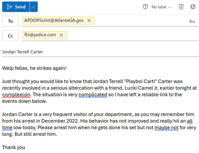 ItzBasin's tweet photo. Someone snitched to Atlanta police about the Carti and Lucki situation 💀 https://t.co/Poyhiqrodh