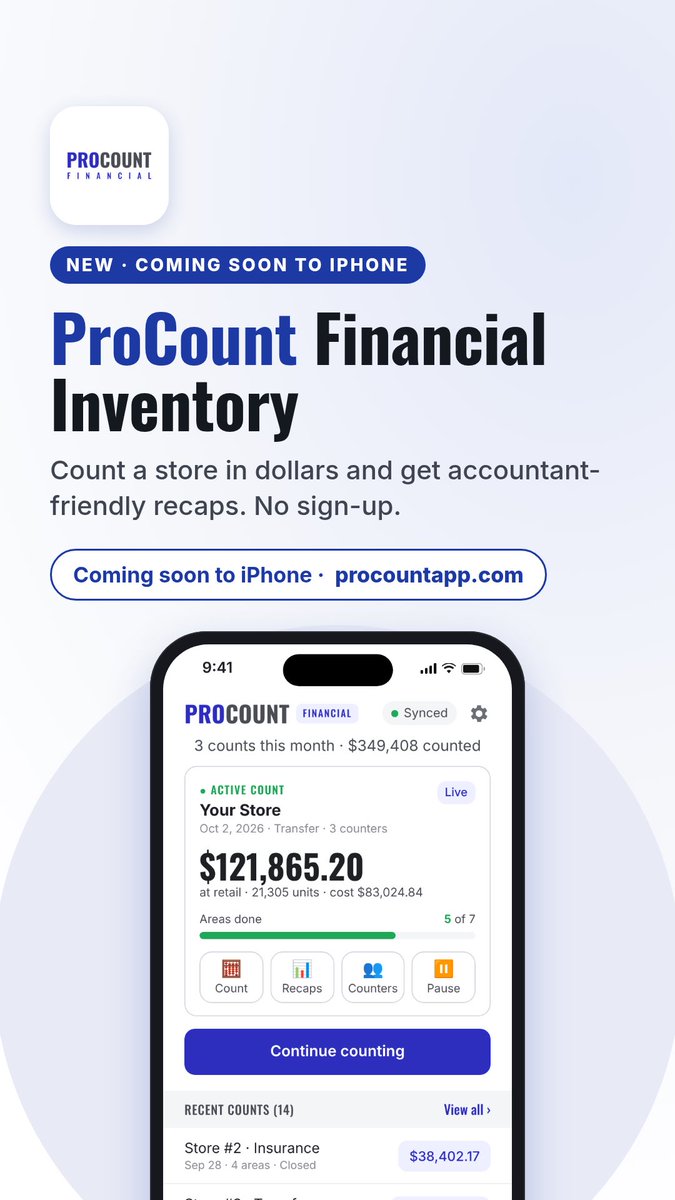 ProCountApps's tweet photo. Meet ProCount Financial Inventory: count a store in dollars and get accountant-friendly recaps. No sign-up.

Coming soon to iPhone. Get notified: https://t.co/f5GKY1vZFX https://t.co/HUKKgZVJpK