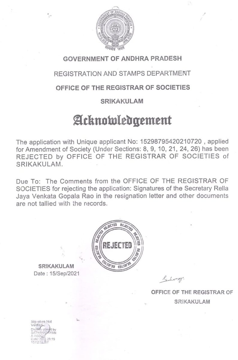 GantiVr's tweet photo. FORGERY - BY LEADERS OF SSSSO, AP

Disgusting many are involved in suppressing the matter - why is the question.

Letters confirming that the signatures do not tally are attached.  It is very clear that RJV Gopal's signature has been forged as confirmed by the Office of the Registrar of Societies, Srikakulam.  

Jai Sai Ram
VR Ganti; Singapore; +65-90053742

SSSSO, AP నాయకులచే ఫోర్జరీ (నకిలీ సంతకం)

ఈ విషయాన్ని అణచివేయడంలో చాలా మంది ప్రమేయం ఉండటం అత్యంత అసహ్యకరం - అసలు ఎందుకిలా జరుగుతోందన్నదే ప్రశ్న.

సంతకాలు సరిపోలడం లేదని ధృవీకరించే లేఖలు జతచేయబడ్డాయి. శ్రీకాకుళం జిల్లా 'సొసైటీల రిజిస్ట్రార్ కార్యాలయం' ధృవీకరించినట్లుగా, RJV గోపాల్ సంతకం ఫోర్జరీ చేయబడిందన్న విషయం స్పష్టంగా తెలుస్తోంది.

జై సాయి రామ్
VR గంటి; సింగపూర్; +65-90053742

@ncbn @naralokesh @PMOIndia  - WHY NO INVESTIGATION IS BEING INITIATED?
