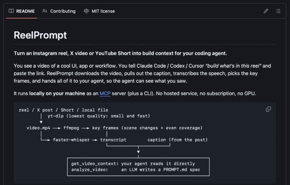 Kiddowander's tweet photo. @beamnxw Build this yourself: paste the X post link into Claude Code with the ReelPrompt MCP. Free, runs locally, no API key. 🔗 in bio https://t.co/IWT3SQXti6