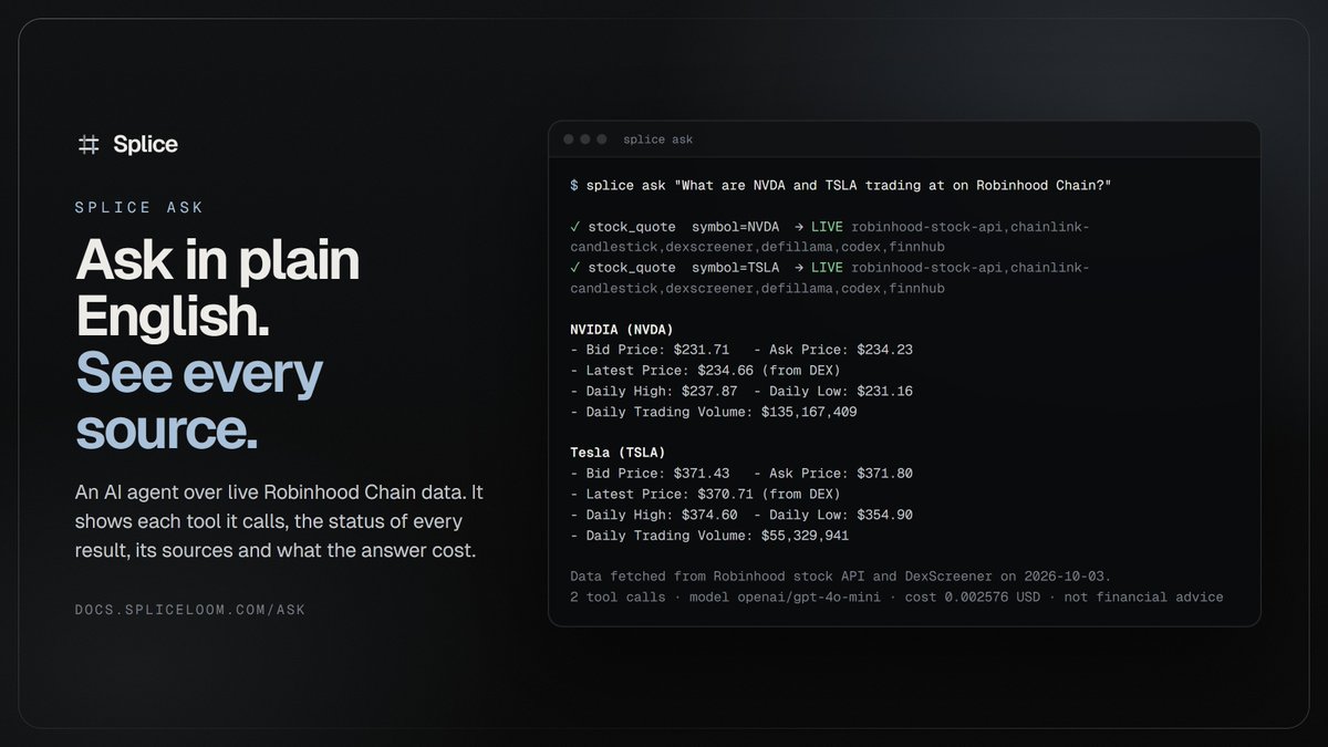 spliceloom's tweet photo. You can now ask Robinhood Chain questions right on our website.

Type a question in plain English. Splice calls its live data tools, shows you every call it made, and answers with the source and the time of each number.

Free to try at https://t.co/NJ11cZyuss. For unlimited questions, run splice ask from the CLI.