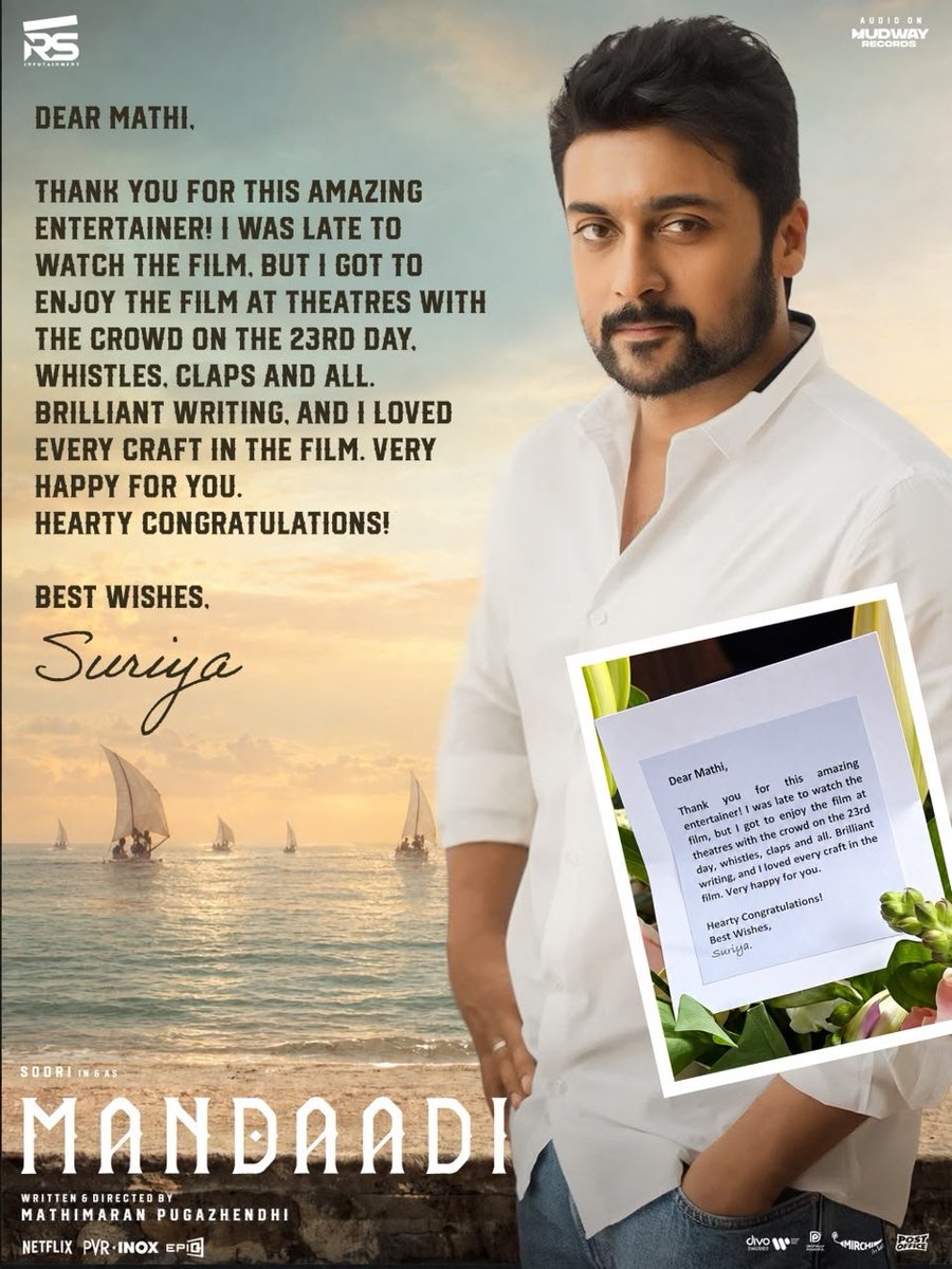rameshlaus's tweet photo. #TheOne is here for #Mandaadi! 💥

A truly special moment for the #Mandaadi team as @Suriya_offl showers the film with heartfelt words and appreciation. ❤️

The team expressed their immense gratitude to Suriya for taking the time to share his love and support for the film. 🙏😊

#BlockbusterMandaadi continues its successful run in theatres! 🎬🔥