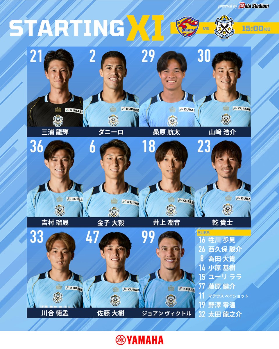 Jubiloiwata_YFC's tweet photo. 𝗧𝗵𝗲 𝗦𝘁𝗮𝗿𝘁𝗶𝗻𝗴 𝗫𝗜

明治安田J2リーグ｜第9節
🆚 ベガルタ仙台
📆 10/4(日)15:00
📍 ユアテックスタジアム仙台

#仙台磐田
#ジュビロ磐田 https://t.co/dEMMRCIFmb