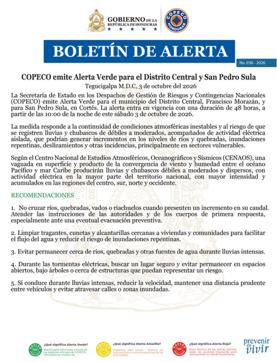 copecogob's tweet photo. 🟢COPECO emite Alerta Verde para el Distrito Central y San Pedro Sula🟢 https://t.co/LpSyMlQkkv