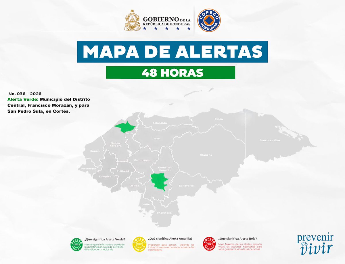copecogob's tweet photo. 🟢COPECO emite Alerta Verde para el Distrito Central y San Pedro Sula🟢 https://t.co/LpSyMlQkkv