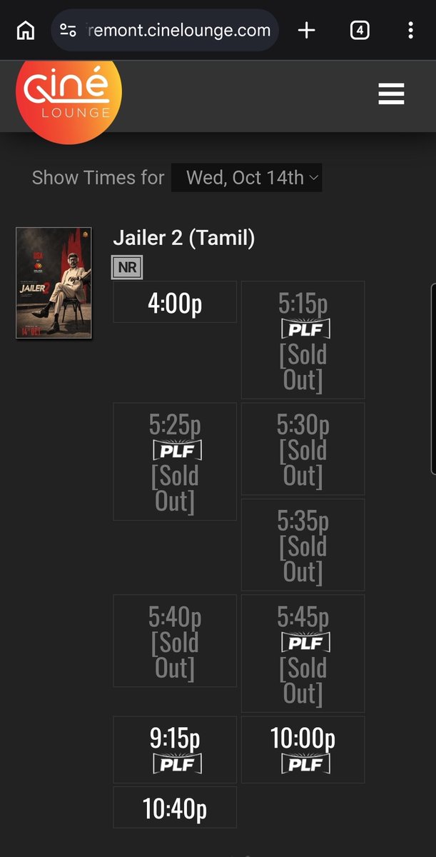 CineLoungeusa's tweet photo. 🔥 BAY AREA, THIS IS RAJINI MANIA! 🔥
⭐ SUPERSTAR RAJINIKANTH’S #JAILER2 ⭐
Premiere shows at Ciné Lounge Fremont are SELLING OUT! 💥💥
➡️ MORE SHOWS ADDED ➡️ SELLING FAST! 🚨
And it gets bigger — Bay Area Superstar Rajinikanth Fans Shows at Ciné Lounge Fremont! 🕶️🔥 @pkarthik5
@meet_tk @jeevsant@ghghomerun
Get ready for the whistles, celebrations and full-on THALAIVAR VERI! 🐯💥
🎟️ Grab your tickets before the next shows disappear!
#Jailer2 #SuperstarRajinikanth #Thalaivar #Rajinikanth #Jailer2FDFS #BayArea #Fremont #CineLoungeFremont #RajiniFans #ThalaivarNirandharam