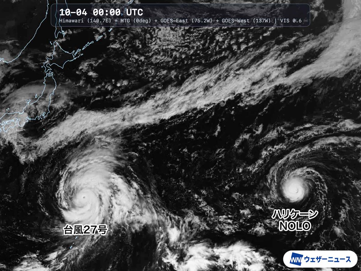 wni_jp's tweet photo. 【“越境台風”になる可能性】
ハワイ近海から西進中のハリケーンNOLOが明日5日(月)朝に180度経線(日付変更線)を越えて、気象庁の監視する「台風」になる可能性が高まっています。
越境台風は2023年台風8号(ドーラ)以来3年ぶり、越境時の勢力は過去最強クラスになりそうです。
https://t.co/MrOUwvJOuJ https://t.co/u7fXzEqAOn