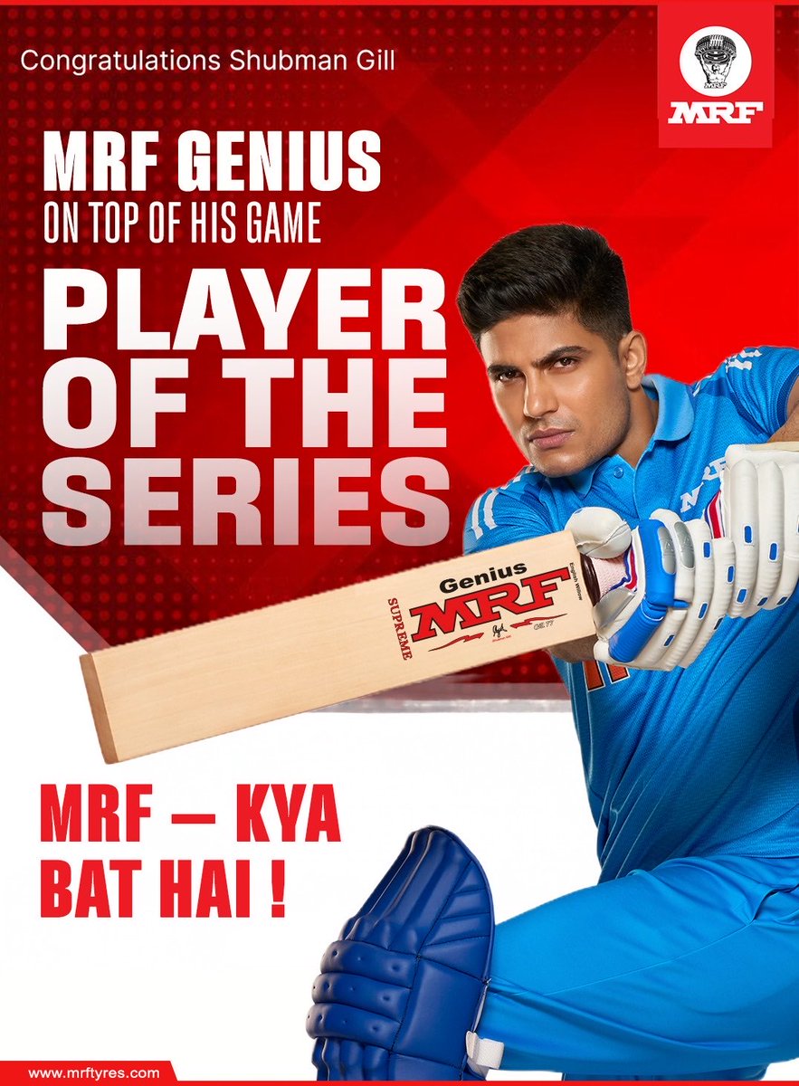 MRFWorldwide's tweet photo. On top of his game, and on top of the series.

Congratulations to Shubman Gill on being named Player of the Series.

MRF - Kya Bat Hai!

#MRF #MRFGenius #ShubmanGill #Cricket #TeamIndia https://t.co/ET5qg5wreS