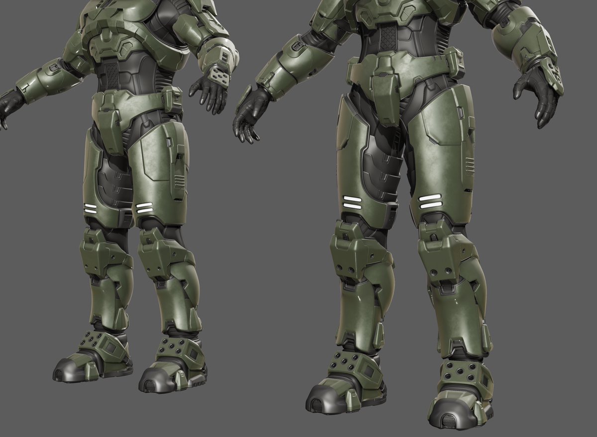 Vivid__VFX's tweet photo. Leg and undersuit progress. You can also peek the general proportion changes I made to the entire body ( Male ) . Once it's UVed, I'll morph it on the female body for Linda. Overall more faithfull-ish to halo 3. https://t.co/S8g3JPWlfy