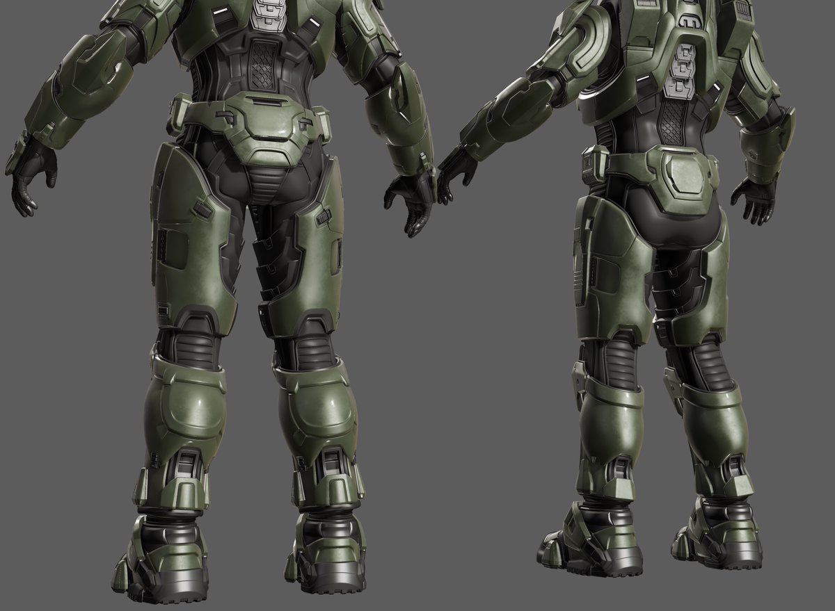 Vivid__VFX's tweet photo. Leg and undersuit progress. You can also peek the general proportion changes I made to the entire body ( Male ) . Once it's UVed, I'll morph it on the female body for Linda. Overall more faithfull-ish to halo 3. https://t.co/S8g3JPWlfy