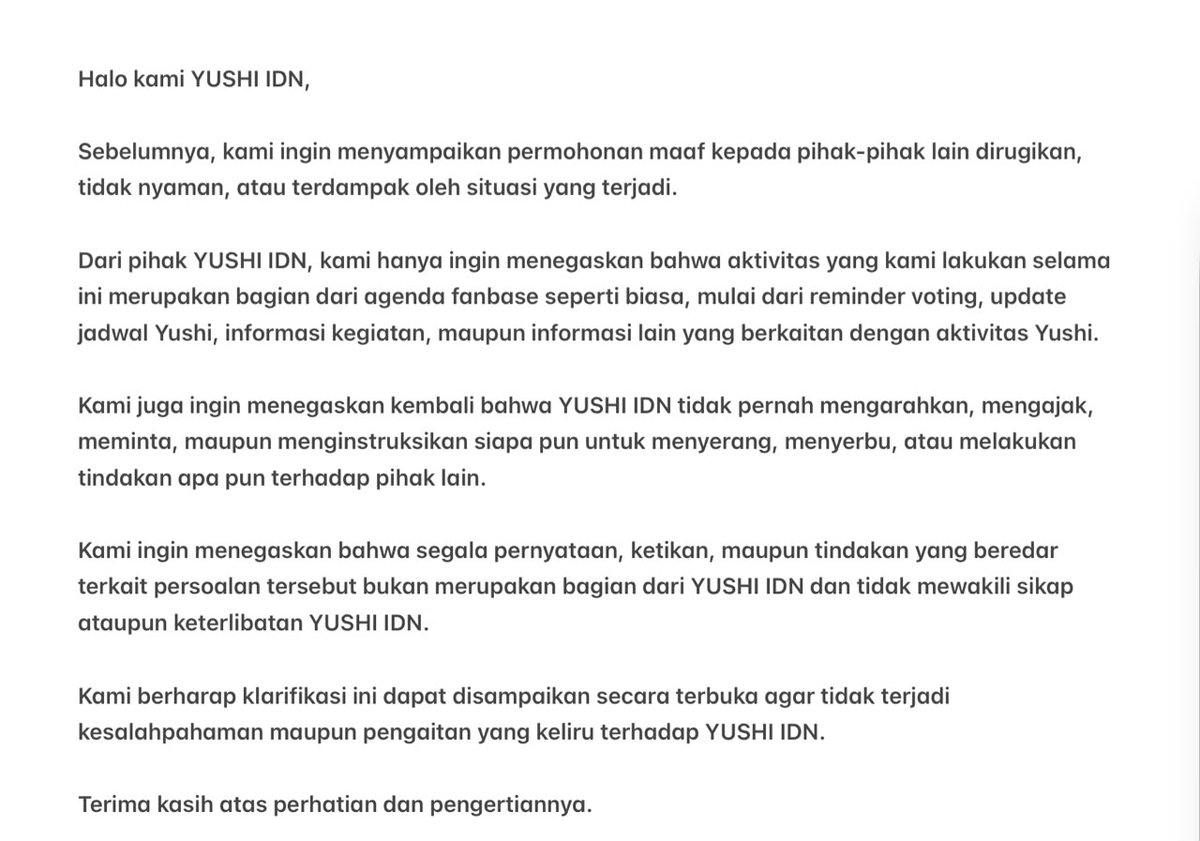 YUSHI_IDN's tweet photo. Untuk @mkushi0205 @lylevelle @yushiwishie_ @yuuchannoona, mohon dapat melakukan klarifikasi dan permintaan maaf kepada pihak-pihak yang dirugikan serta penyampaian kepada publik bahwa YUSHI IDN tidak pernah terlibat dalam polemik, permasalahan, maupun aktivitas sedang beredar. https://t.co/tlu28LP2QN