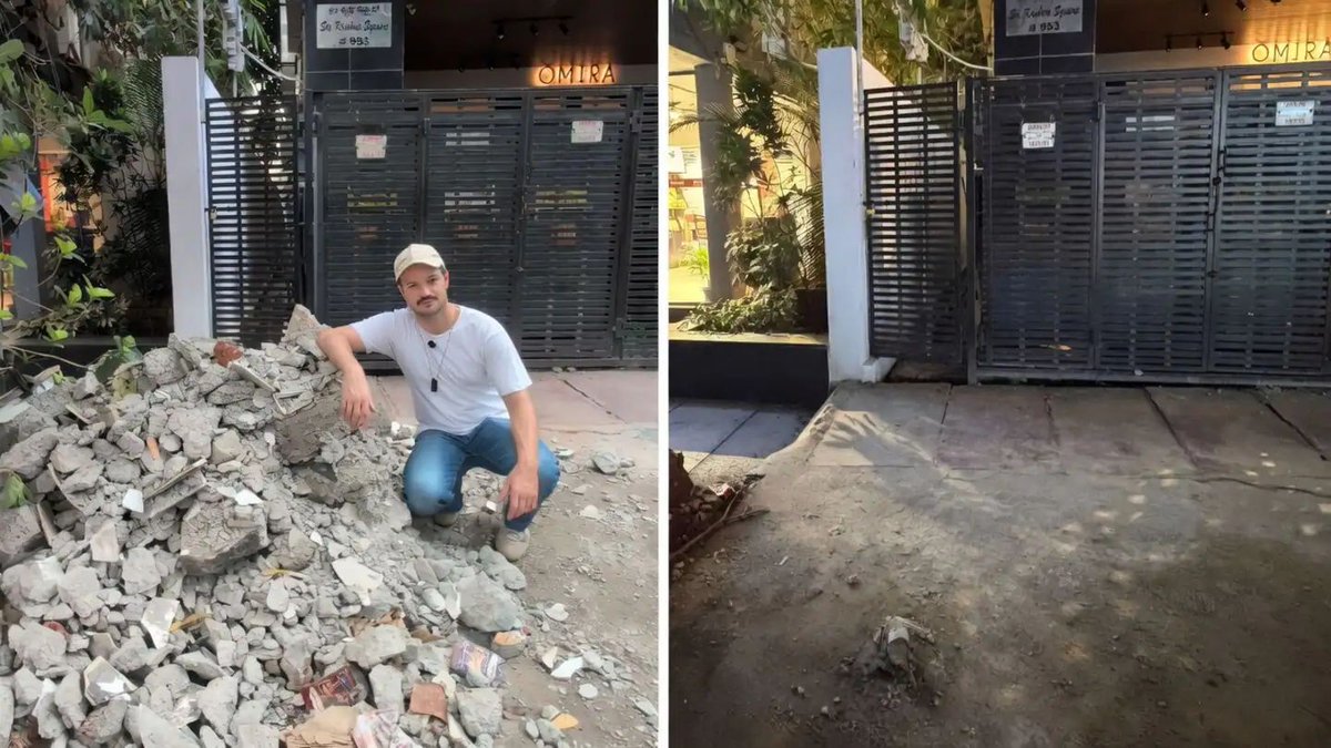 IndianTechGuide's tweet photo. 🚨 A Canadian vlogger, Caleb Friesen, is pointing out Bengaluru's broken sidewalks with viral videos and making sure authorities take notice. 👏 https://t.co/g5xivMk5Kr