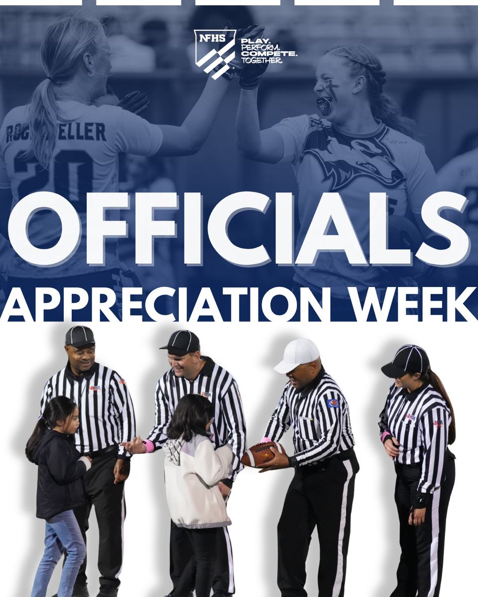 NFHS_Org's tweet photo. It’s Fall Officials Appreciation Week! 👏🏻👏🏻

This week, we’re celebrating the officials who show up, make the calls, and help create a great experience for students every game. 

Give an official in your community a BIG thank you this week! #OfficialsAppreciationWeek https://t.co/w4Tc81MaUl