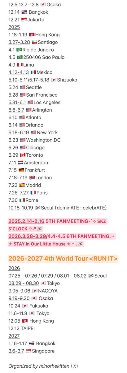 minothekitten's tweet photo. 📁Made a list of all #StrayKids Concerts and Fanmeetings since debut 
And collect all the full vids
#스트레이키즈 #YouMakeStrayKidsStay

📃Full List:

UNVEIL Showcase🇰🇷
2018. 3. 25 UNVEIL[Op. 01 : I am NOT]
2018. 08. 05 UNVEIL[Op. 02 : I am WHO] SPOT
2018. 10. 21 UNVEIL [Op. 03 : I am YOU]

2019 UNVEIL TOUR ‘I am…’ 
01.19 🇹🇭 BANGKOK
01.26 🇮🇩 JAKARTA
02.21 🇦🇺 MELBOURNE
02.24 🇦🇺 SYDNEY
04.27 🇵🇭 MANILA
05.14 🇺🇸 NEWARK
05.15 🇺🇸 NEWARK
05.17 🇺🇸 LOS ANGELES
05.19 🇺🇸 HOUSTON
07.28 🇬🇧 LONDON
07.30 🇫🇷 PARIS
08.02 🇩🇪 BERLIN
08.04 🇷🇺 MOSCOW
09.27 🇯🇵 YOKOHAMA

HI-STAY TOUR
2019.03.15 🇰🇷 BUSAN
2019.03.17 🇰🇷 DAEJEON
2019.03.22 🇰🇷 INCHEON
2019.04.20 🇰🇷 SEOUL — Finale 
2019.12.3 🇯🇵 TOKYO

UNVEIL THE MIROH
2019.03.25 🇰🇷 SEOUL