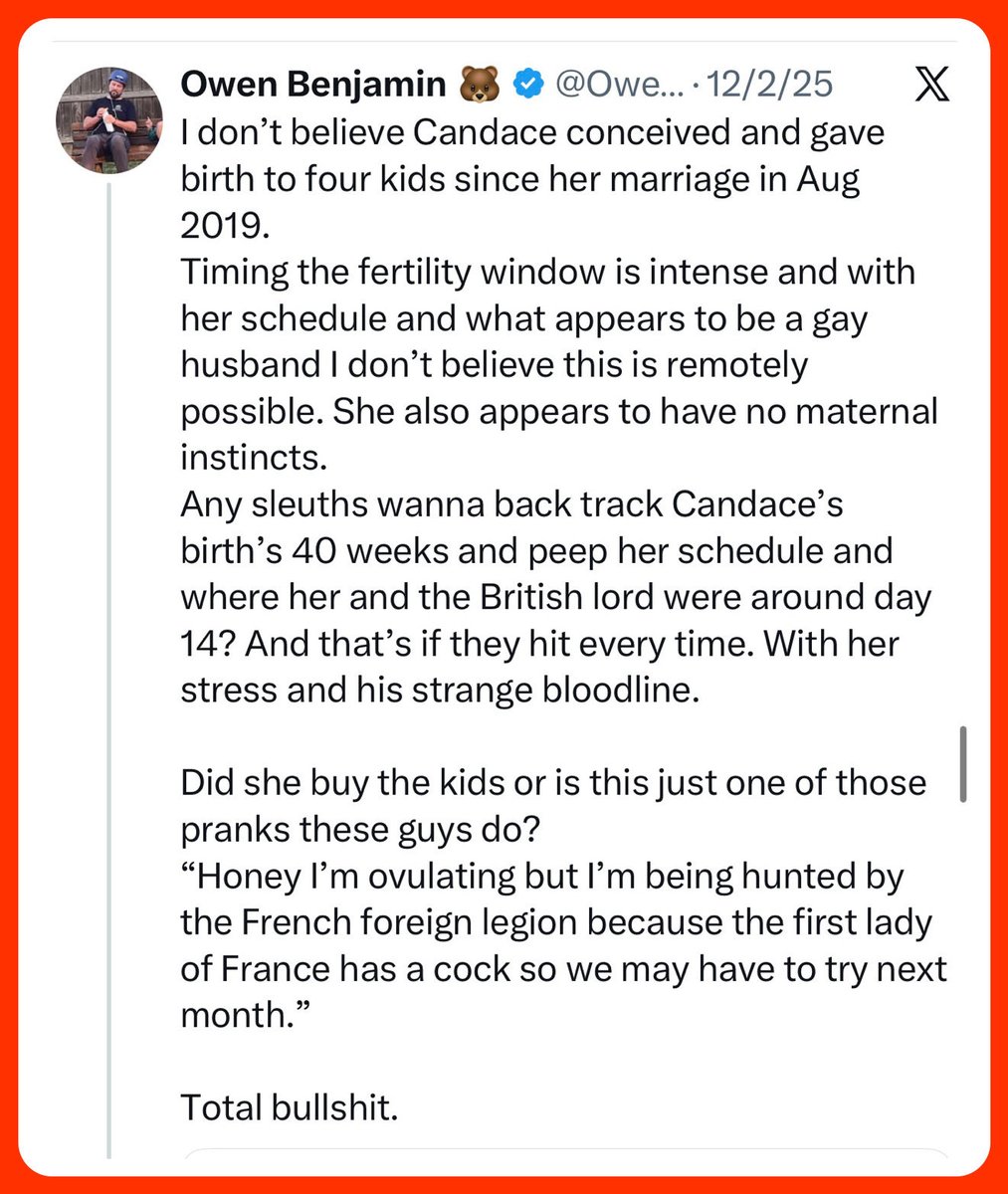 CinemaShogun's tweet photo. WTF 😬 

Candace Owens friend Owen Benjamin once claimed that her and George’s kids weren’t even theirs‼️

No this isn’t some old post from years and years ago.

This is literally Candace Owens friend Owen Benjamin less than a year ago pointing out that Candace’s husband is gay and that he thought they might’ve purchased their kids.

Fast forward to today and Owen Benjamin is now crying on livestreams about people calling Candace Owens a lesbian.

I wonder what kind of deal he was offered to shut up and bow down.