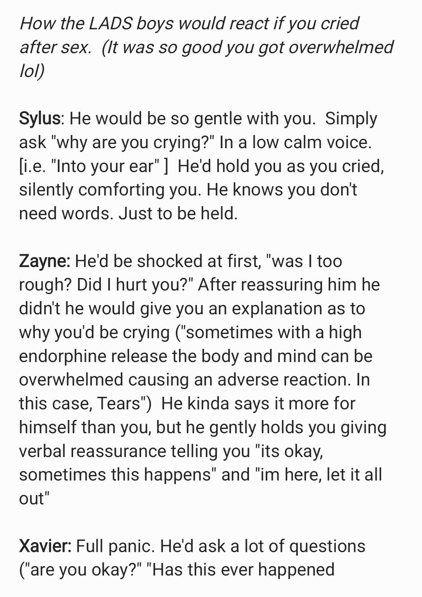 Faesladstwt's tweet photo. How the LADS boys would react if you cried after sex.  (It was so good you got overwhelmed lol) 

I feel Caleb's (and Maybe Xavier's) fall a little flat. https://t.co/bKJuj8KydH