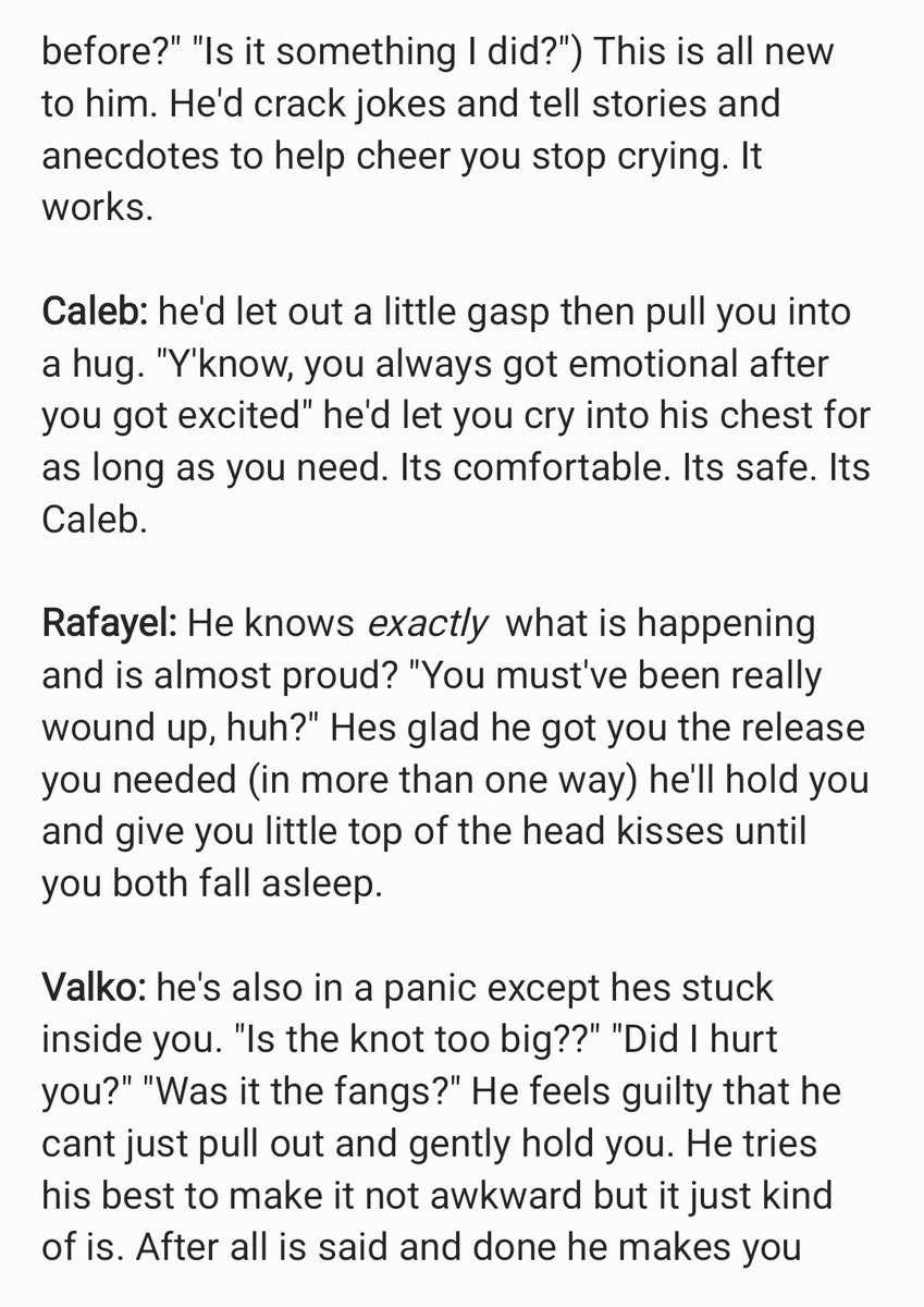 Faesladstwt's tweet photo. How the LADS boys would react if you cried after sex.  (It was so good you got overwhelmed lol) 

I feel Caleb's (and Maybe Xavier's) fall a little flat. https://t.co/bKJuj8KydH