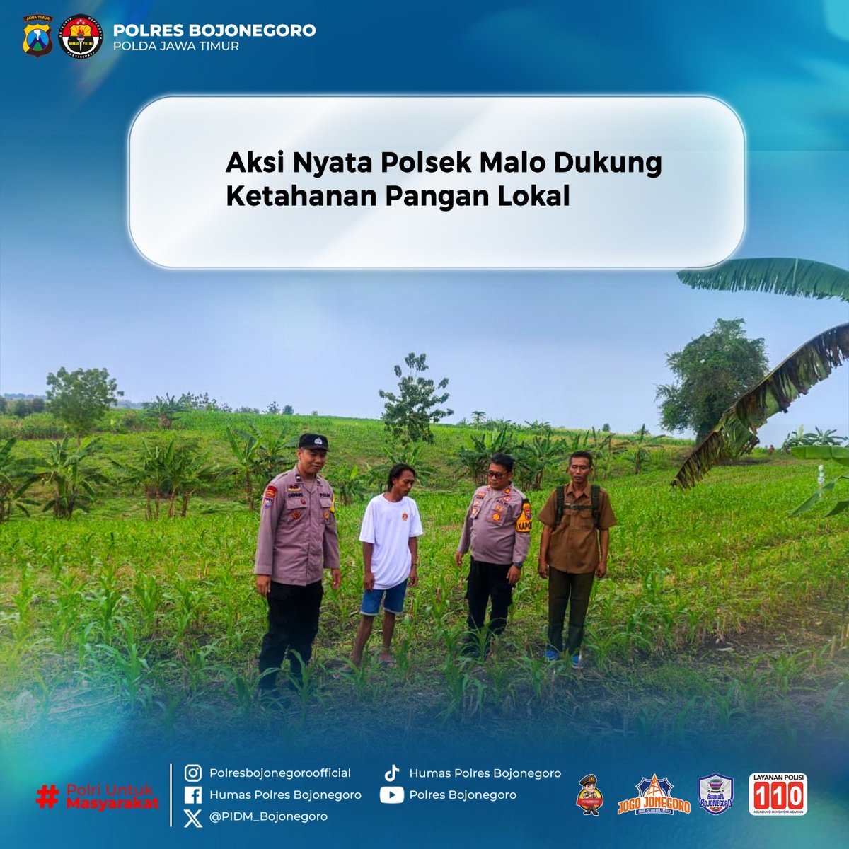 EkoDedyZld's tweet photo. Mendukung program ketahanan pangan nasional, jajaran Polsek Malo Polres Bojonegoro hadir langsung memberikan pendampingan kepada petani sebagai wujud kepedulian Polri terhadap sektor pangan masyarakat. 

Melalui sinergi dan kolaborasi bersama warga https://t.co/cE7Pu9rOol