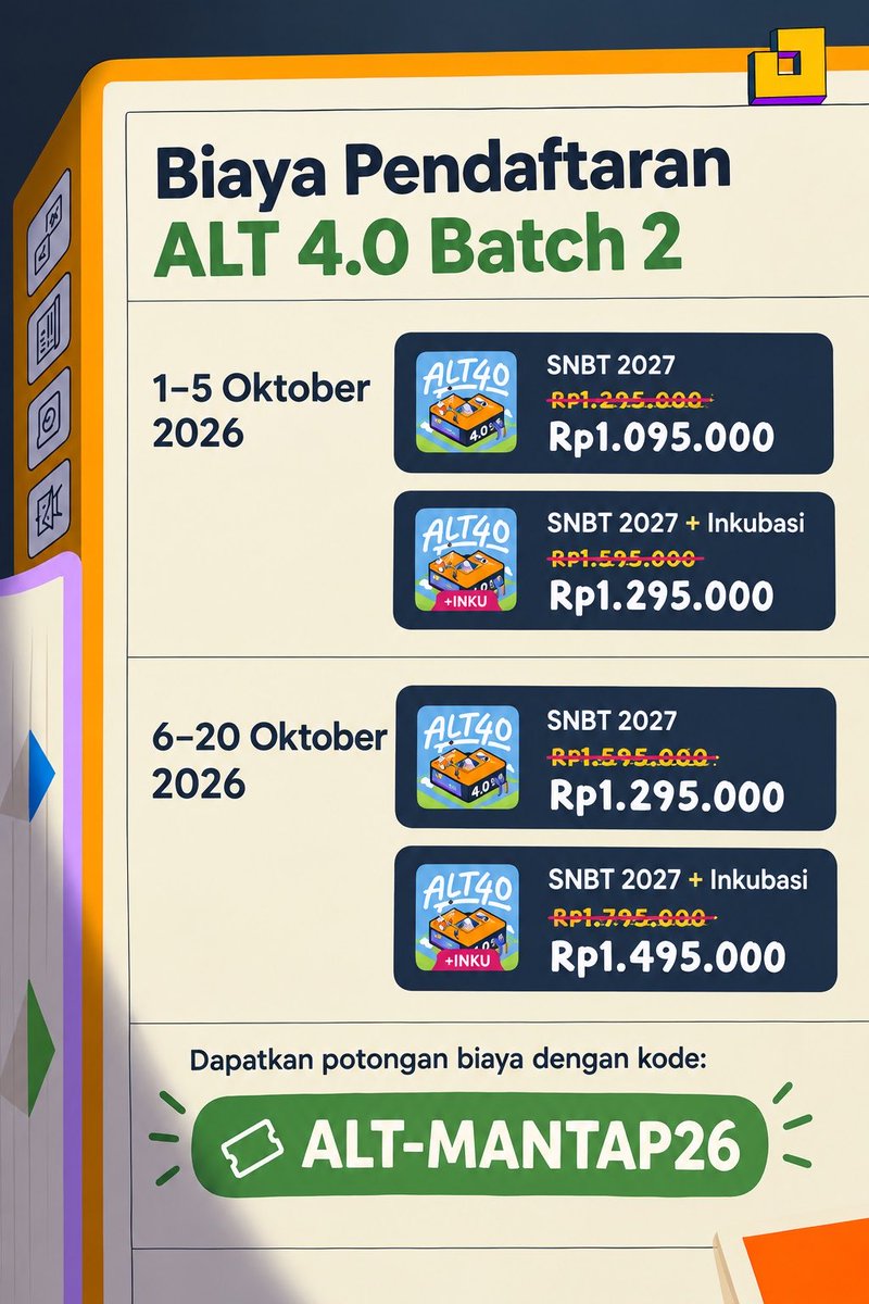 Ra_littlethings's tweet photo. Pejuang SNBT 2027, sini dulu 📚👀

ALT 4.0 Batch 2 lagi buka pendaftaran!

💰 Mulai Rp1.095.000
📅 1–20 Oktober 2026
🎟️ Kode referral: ALT-MANTAP26

Buat yang lagi cari temen belajar buat persiapan SNBT, boleh banget dicek 🤍

#Alternatifa #alterianstory #mimpikitaberharga https://t.co/7ZfGJrwAVB