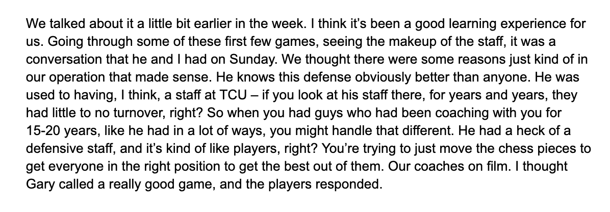 RyanKartje's tweet photo. Lincoln Riley was asked about Gary Patterson calling USC's defense from the press box. 

He said Patterson used to have assistants that were running his defense for "15-20 years" and suggested that "you might handle [calling a defense] different with a more familiar staff https://t.co/OHpXW3gewl