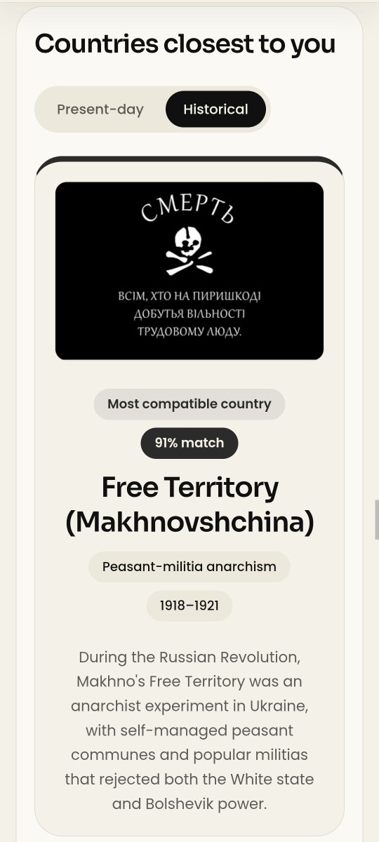 AtJap13's tweet photo. I'm an anarchist and not to be edgy.
#anarchist
#12axes
#politicaltest
#politics
#kropotkinian https://t.co/KYUsRkbheA