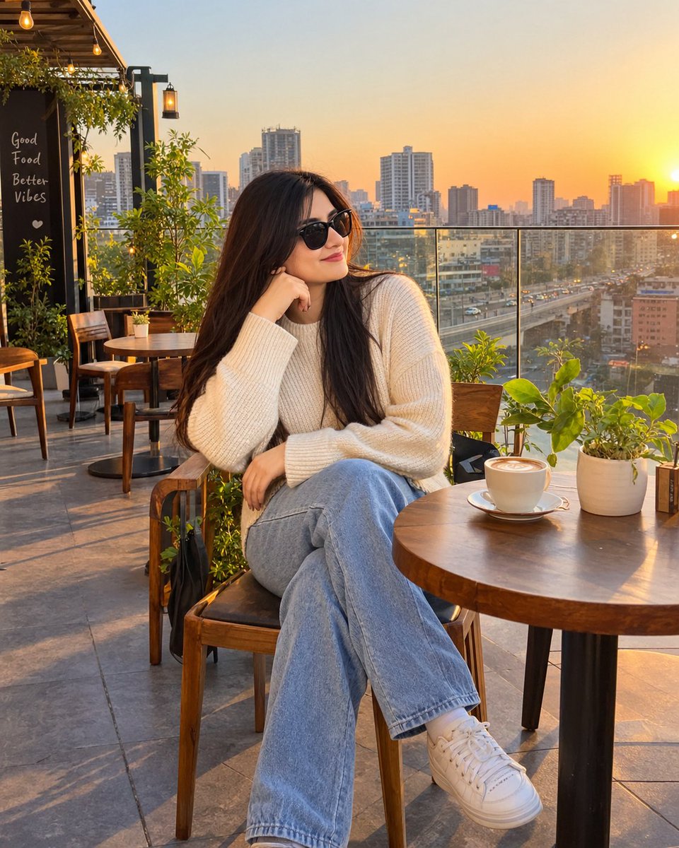 selinatasnim1's tweet photo. A photorealistic lifestyle photograph of a young woman sitting peacefully at a charming rooftop café during golden hour. She has long, straight dark hair flowing naturally over her shoulders and wears elegant black sunglasses, a soft oversized cream-colored knit sweater, light-blue relaxed-fit jeans, and clean white sneakers. She sits comfortably on a modern wooden chair beside a small round café table, with one hand resting casually on the table and a warm coffee cup placed in front of her, creating a relaxed and effortless lifestyle pose.

The rooftop café features a minimalist contemporary design with wooden furniture, small green plants, warm decorative lights, and subtle architectural details. A few empty tables and chairs are visible in the background, while a glass railing provides an unobstructed view of the city. Beyond the rooftop, modern high-rise buildings, distant roads, and a softly illuminated urban skyline stretch across the horizon beneath a clear blue-to-golden evening sky.

Warm late-afternoon sunlight falls naturally across her face, hair, clothing, and the café surroundings, creating soft highlights and realistic long shadows. The atmosphere feels calm, stylish, youthful, and candid rather than heavily posed. Natural skin texture, realistic hair strands, accurate body proportions, detailed fabric texture, realistic sunglasses reflections, authentic wooden and metal surfaces, subtle environmental shadows, and natural lighting.

Candid street-style lifestyle photography, sophisticated urban fashion aesthetic, cinematic depth of field, realistic background separation, slightly wide-angle perspective, high-resolution smartphone photography, natural color grading, soft golden-hour tones, crisp subject details, subtle lens depth, realistic photographic imperfections, editorial fashion photography feel, vertical 4:5 composition.