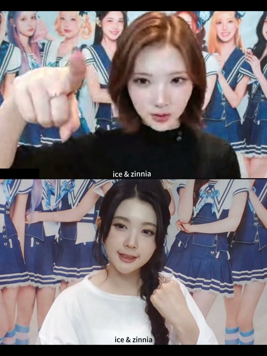 The image shows two K-pop idols posing in front of matching sailor-style outfit backdrops, with the text "ice & zinnia" visible in both frames. The top features a woman with reddish-brown hair in a black top pointing at the camera, while the bottom shows a woman with dark braided hair in a white top, both making playful gestures. The hashtags "#지우 #에이나" (Jiu and Eina) suggest the post is asking viewers to vote between the two idols as to who is the winner, with their confident poses serving as a playful competition.