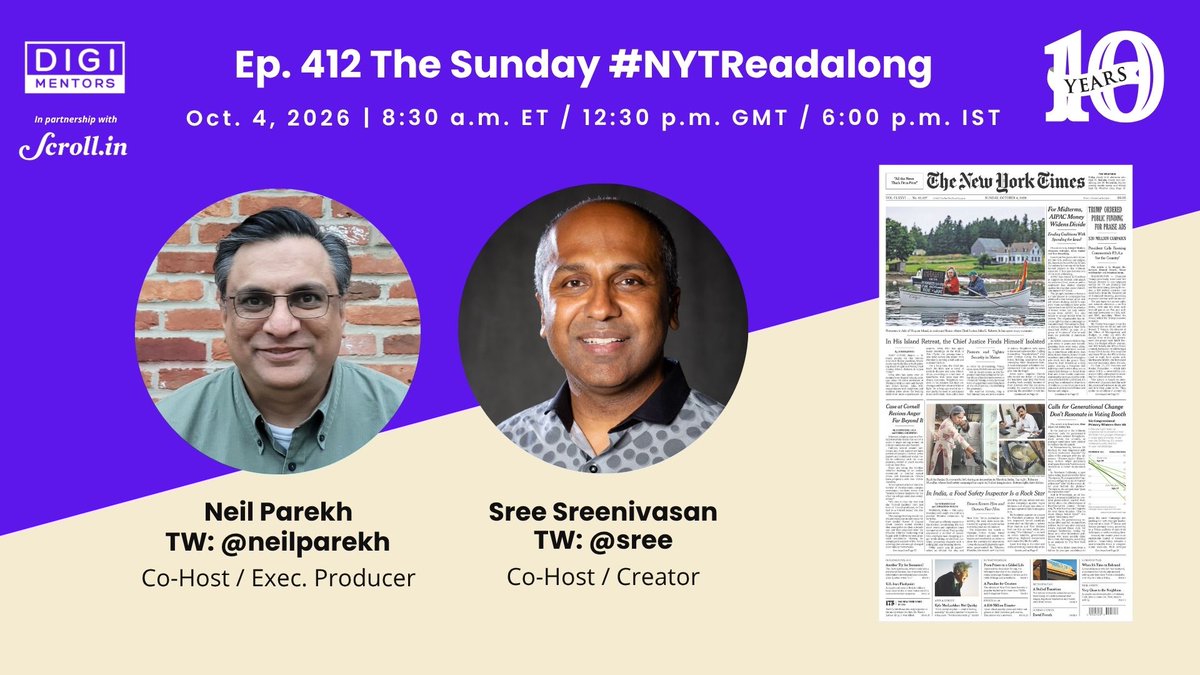 neilparekh's tweet photo. @sree @muckrack @gregory @CauveryMadhavan @georgevecsey @jswatz @AnitaBGreen @DianaRohini @DianeStefani @ProfMSinha @Eurocentrique @DrSujanaENT @mcurtisnc3 @TomJolly @waynekamidoi @davidjshipley @monicadrake @meganditrolio @shashib @phaldipur @AvolynsPapa @johnleemedia @RoseHorowitz31 @BigGreenPen @SFDoug @JuntaeDeLane 3/x @Sree and I will be live at 8:30am ET with Ep. 412 of The Sunday #NYTReadalong. We'll be focusing on #Cornell, #AI and #NYT175.
You can get #GiftLinks and PDFs from our website: https://t.co/b1mUQDkz31. https://t.co/S78FMNvi3S
