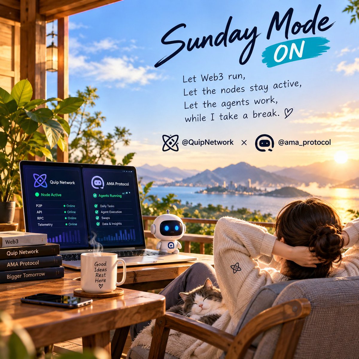 NguyenLe2021's tweet photo. Sunday reminder:

I don’t have to grind 24/7.

Let the node stay active.
Let the agents run.
Let Web3 keep moving.
Meanwhile, I’m taking the day off. 

See you next week.
@quipnetwork  
@ama_protocol https://t.co/PwUAiOAMZY