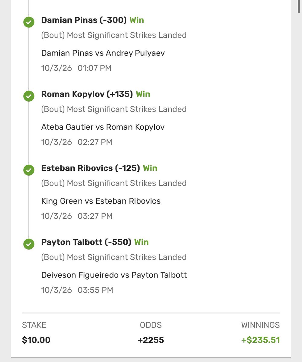 shmotos_slips's tweet photo. #UFC332 heat!

+532 ✅ (Adjusted down from +1144)
+2255 ✅

Over 9u of profit on the week in @BlueprintLLC_ https://t.co/ryDfdPT1sl
