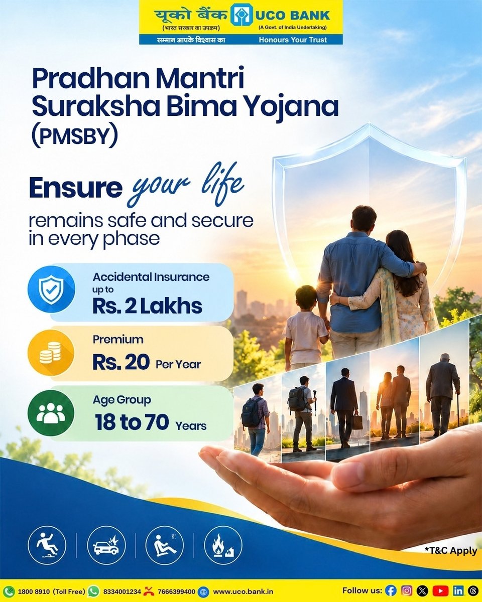 UCOBankOfficial's tweet photo. With Pradhan Mantri Suraksha Bima Yojana (PMSBY), get accidental insurance cover of up to ₹2 lakh at a premium of just ₹20 per year.
Secure today. Stay prepared for tomorrow.
#UCObank #UCOgoesdigital #PMSBY #InsuranceProtection https://t.co/CfojmMVETA