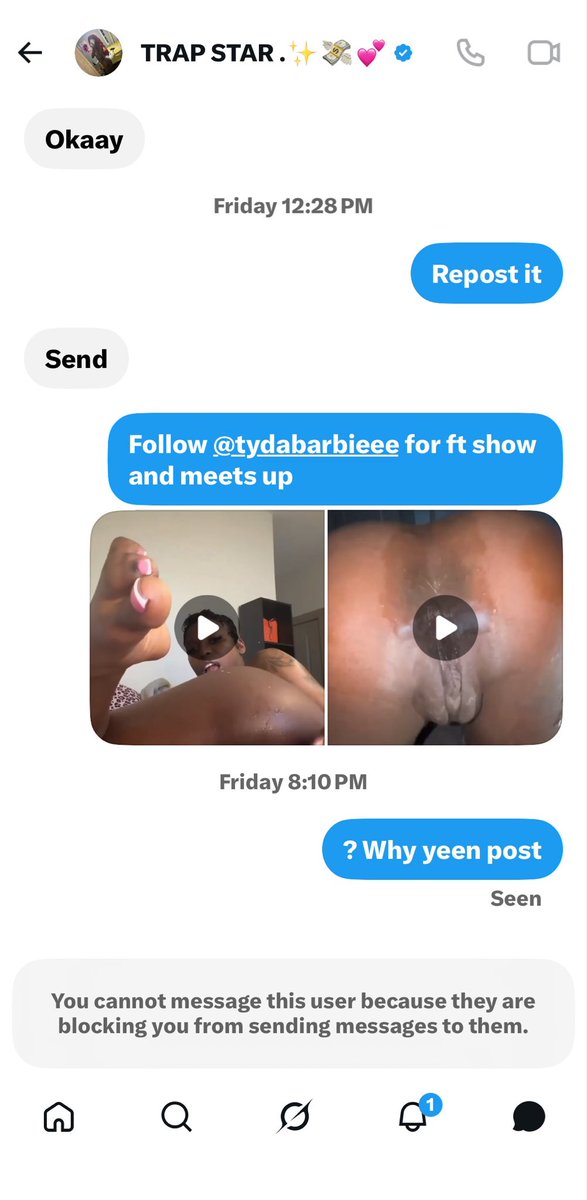 tydabarbieee's tweet photo. This bum @mstrapstargirl going still my video then block me who does that … please report her page and don’t shop with her she a scam https://t.co/Kkt9g5XJHt