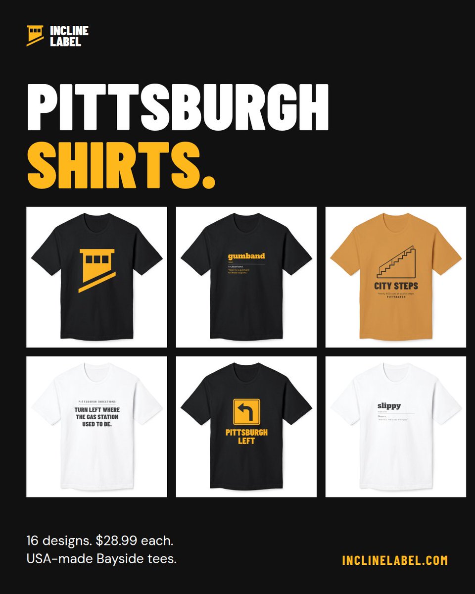 InclineLabel's tweet photo. Incline Label is on here now. Pittsburgh shirts on USA-made Bayside tees, 16 new designs at $28.99, and $1 from every shirt goes to the Greater Pittsburgh Community Food Bank and Animal Friends.

https://t.co/Tn8Kf0876o https://t.co/VWyeKzlTWO