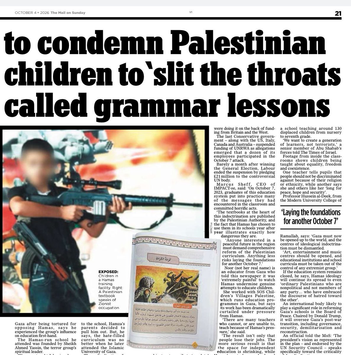 NatalieLisbona's tweet photo. SPECIAL INVESTIGATION for the Mail on Sunday::

I had direct access to people inside Gaza’s education system or those that had been through it who are desperately fighting Hamas’s grip on their children’s minds.

One mother, “Shireen,” told me of the moment she realised that ideology had reached her own young son:

“When I become a martyr, I will receive houris.” Her ten year told her told her . 

At enormous personal risk, Gazan educators and parents are fighting back—trying to teach life instead of martyrdom. These are brave people you rarely hear about and must be applauded. 

Their warning is urgent: the space for independent education is disappearing.

If we want a different future for Gaza, we cannot abandon those Gazans fighting for the minds of the next generation.

 LINK here : https://t.co/TKRyE4ShdA