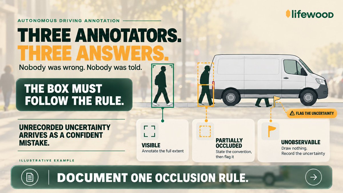 LifewoodPH's tweet photo. A parked van hides most of the pedestrian.

One annotator boxes the visible shoulder. One boxes the estimated full body. One skips it.

Nobody is wrong, because nobody was told.

Document the occlusion rule before labelling.

#DataAnnotation #Lifewood https://t.co/sYkCWXrJL6