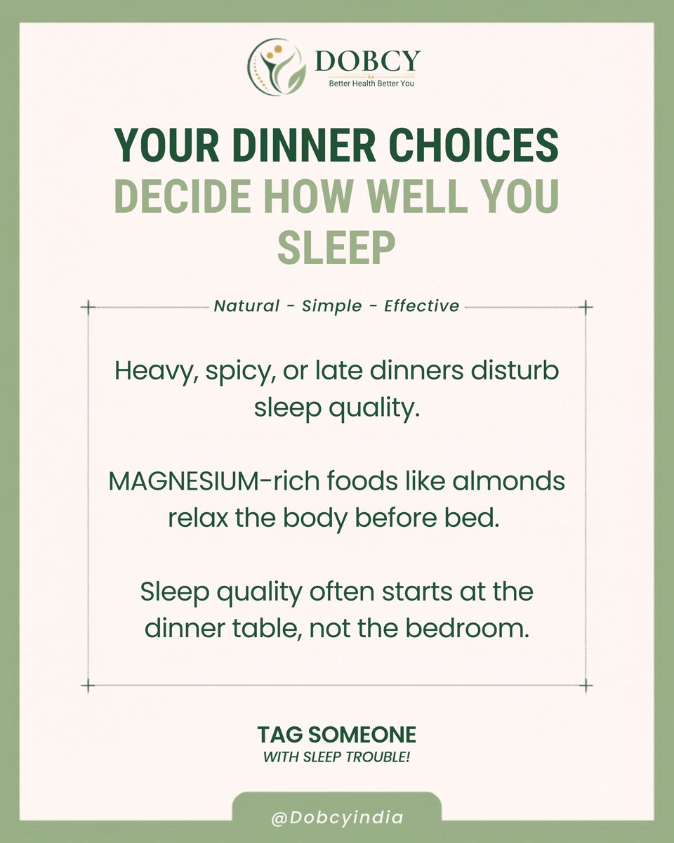 dobcyindia's tweet photo. Bad sleep? Check your dinner first.
Heavy, spicy, late meals = restless nights.
A few almonds = a calmer body before bed.
Good sleep starts at the dinner table.
#SleepTips #Dobcy https://t.co/taEeS2F0o7