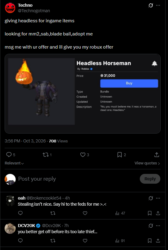 RealHeadlessGiv's tweet photo. No. This is a fake giveaway (he doesn't even own Headless). Also, crosstrading is against ROBLOX TOS.

https://t.co/j4ebBClRxD https://t.co/BO67KPPK1s