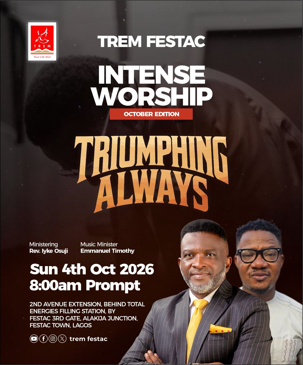 tremfestac's tweet photo. Join us 8AM TODAY for #TriumphingAlways #intenseWorship with Rev. Iyke Osuji & Emmanuel Timothy
#TREM #TREMFESTAC #OctoberFast https://t.co/8xwH5JtlaU