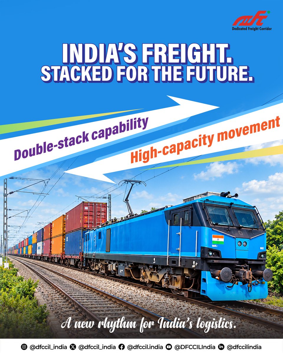 dfccil_india's tweet photo. India’s freight is moving bigger, stronger and smarter. 🚆🇮🇳

With double-stack capability and high-capacity freight movement, Dedicated Freight Corridors are setting a new rhythm for India’s logistics—built for the demands of today and the possibilities of tomorrow.

#DFCCIL #DedicatedFreightCorridor #DFC #DoubleStack #FreightMovement #RailFreight #Logistics #RailInfrastructure #IndiaMoves