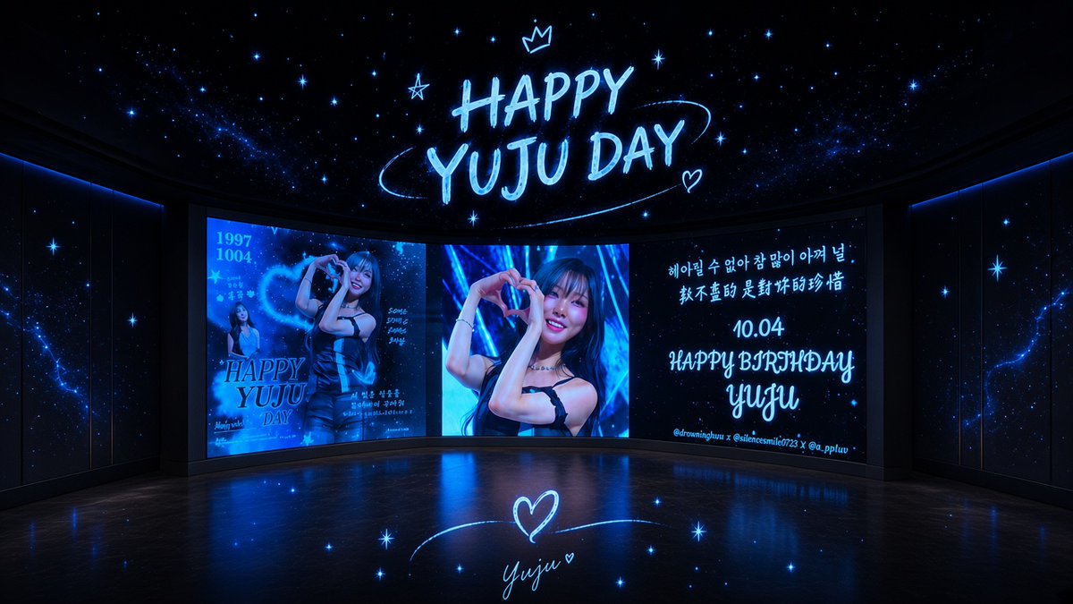 A digital birthday tribute display reading 'HAPPY YUJU DAY' and '10.04 HAPPY BIRTHDAY yuju', featuring images of a smiling woman making heart gestures against a starry blue background.