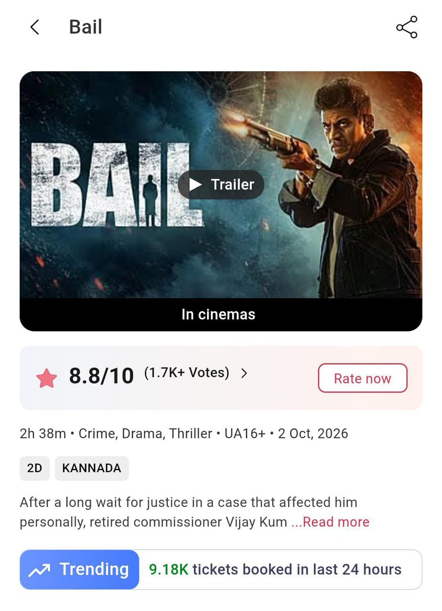 letscinemaOG's tweet photo. Nearly 10K tickets sold in just 24 hours! 💥
Massive offline walk-ins and a phenomenal response everywhere. #Bail is on a blockbuster rampage! 🔥
#BlockbusterBail | @NimmaShivanna https://t.co/ip8oHWoRuT