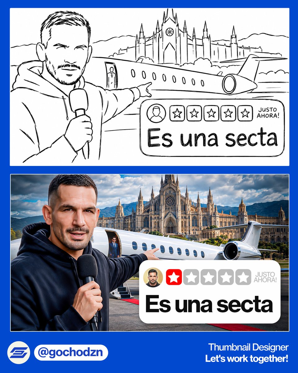gochodzn's tweet photo. Sketch → final thumbnail ✈️⛪

One-star review + private jet + cathedral = a scandal told in 3 seconds.

Making true crime or exposé content? DM "THUMBS" 📩 https://t.co/PmUQt65dK2