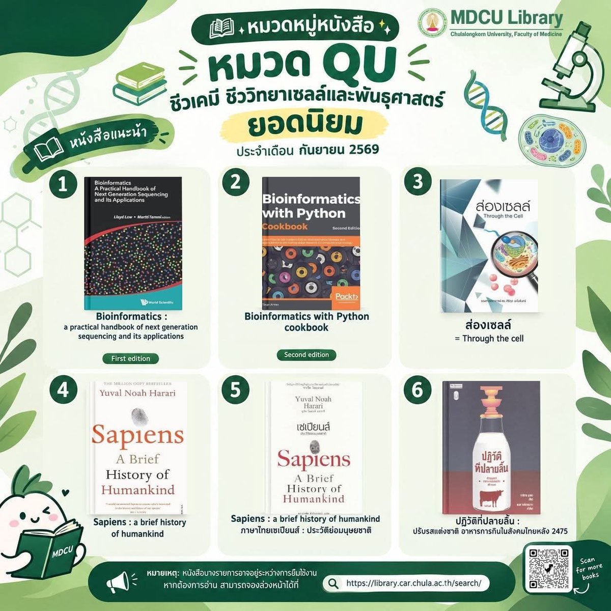 cumedlib's tweet photo. 📚✨ หมวดหมู่หนังสือยอดนิยม ประจำเดือน กันยายน 2569 ได้แก่
หมวด QU ชีวเคมี ชีววิทยาเซลล์และพันธุศาสตร์ !!! https://t.co/LdY5LK0vkD